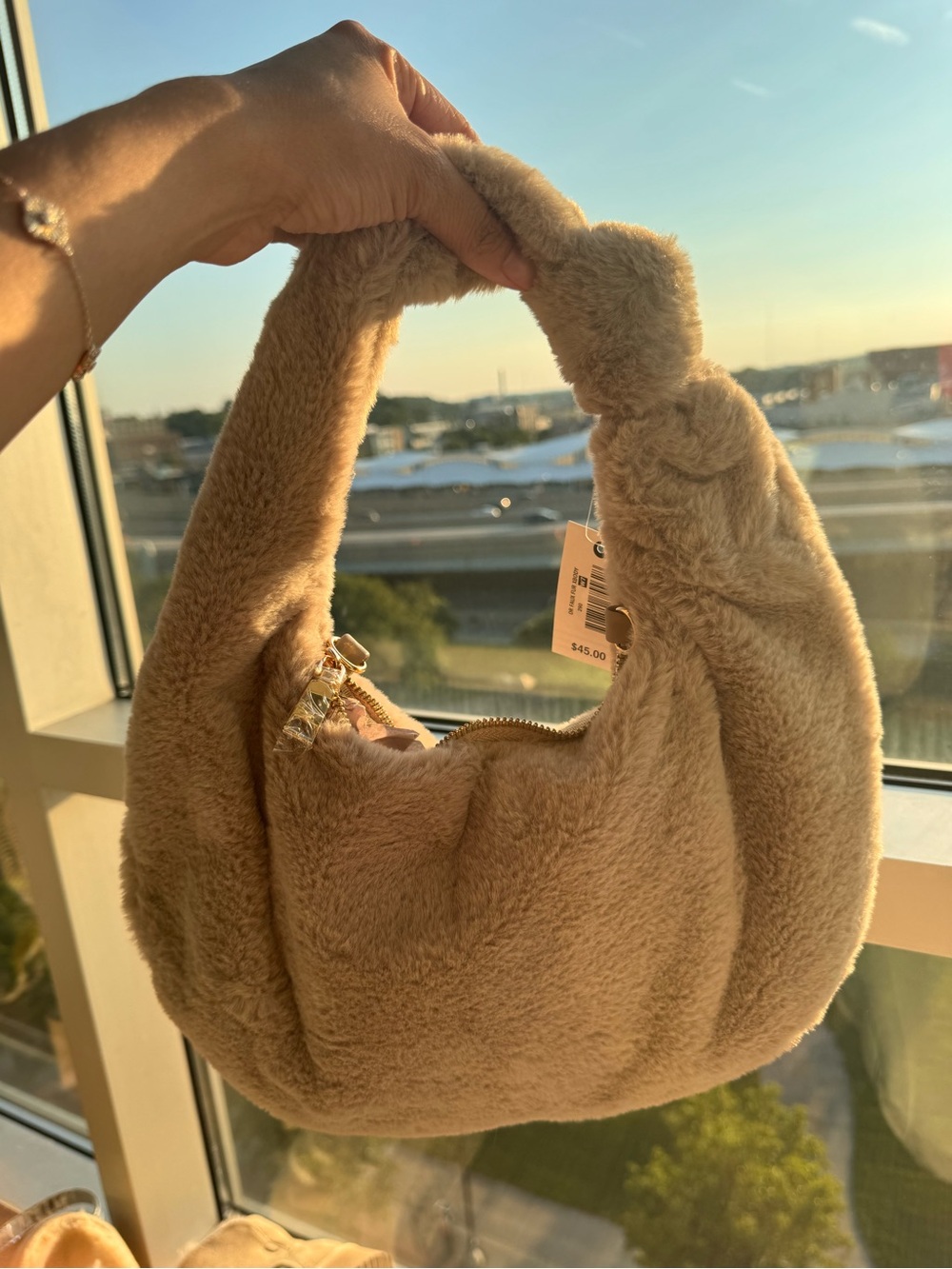 Cozy Faux-Fur Hobo Bag in Camel
